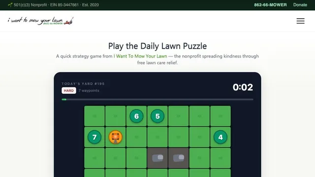 MOW daily lawn puzzle with a yard grid, numbered waypoints, and a mower route