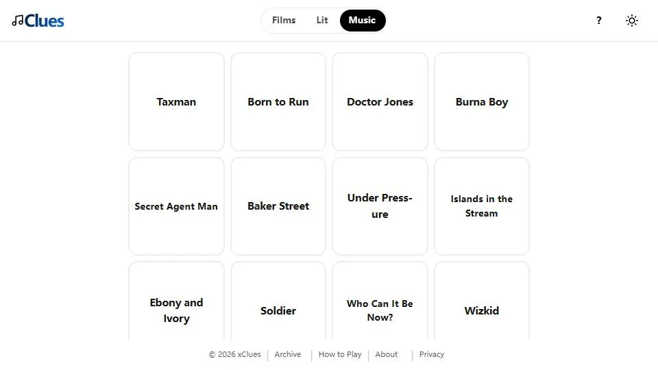 Music Clues official game page captured in a desktop browser