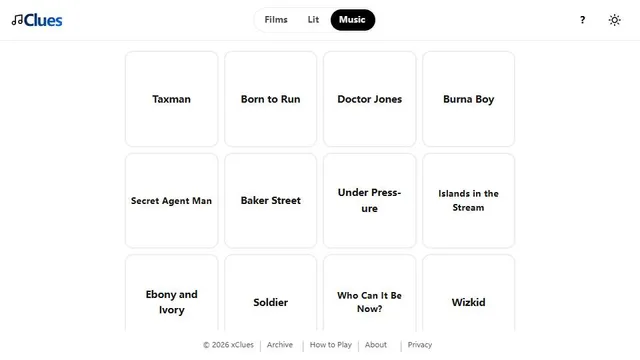 Music Clues official game page captured in a desktop browser