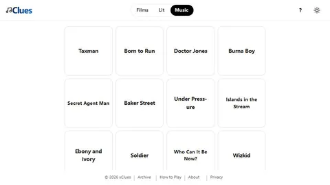 Music Clues official game page captured in a desktop browser