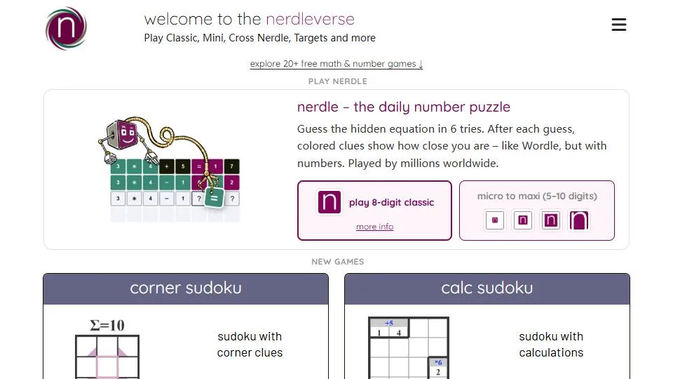 Nerdle official game page captured in a desktop browser