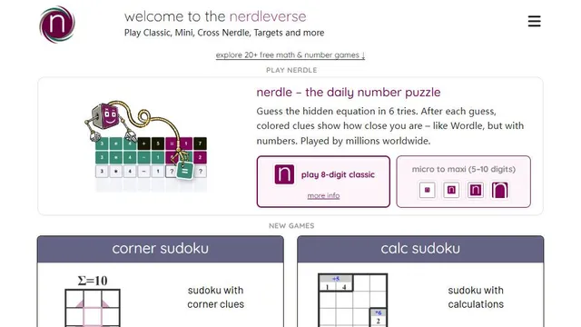 Nerdle official game page captured in a desktop browser
