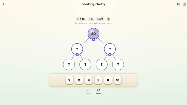 Numgrove Seedling daily number tree with target 80 and six numbers ready to place