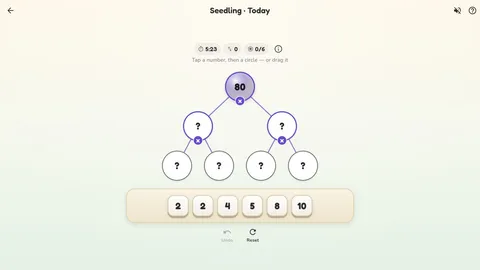 Numgrove Seedling daily number tree with target 80 and six numbers ready to place