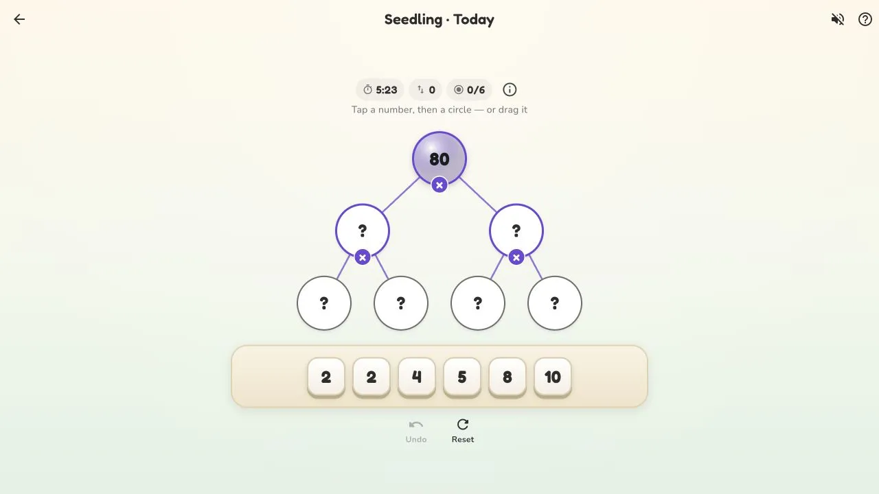 Numgrove Seedling daily number tree with target 80 and six numbers ready to place