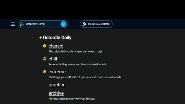 Octordle official game page captured in a desktop browser