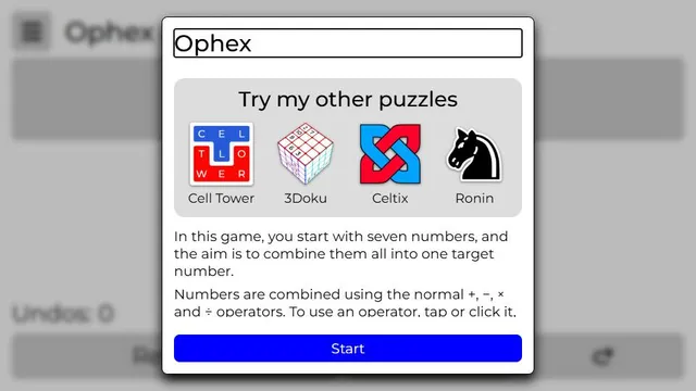 Ophex official game page captured in a desktop browser