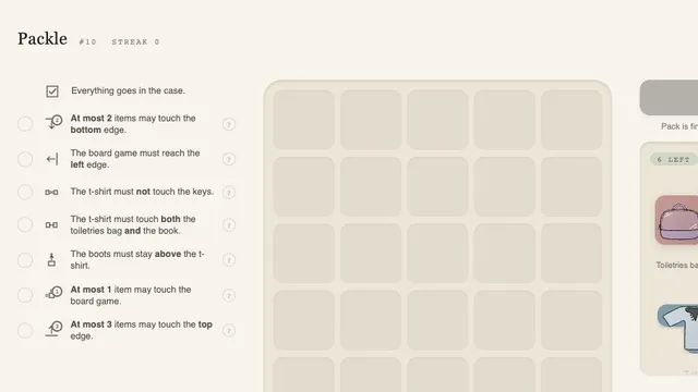Packle daily packing board with six belongings, a suitcase grid, and seven spatial rules