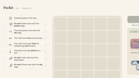 Packle daily packing board with six belongings, a suitcase grid, and seven spatial rules