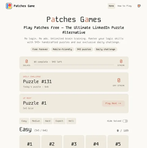 Patches Game Online homepage showing the daily challenge and puzzle list