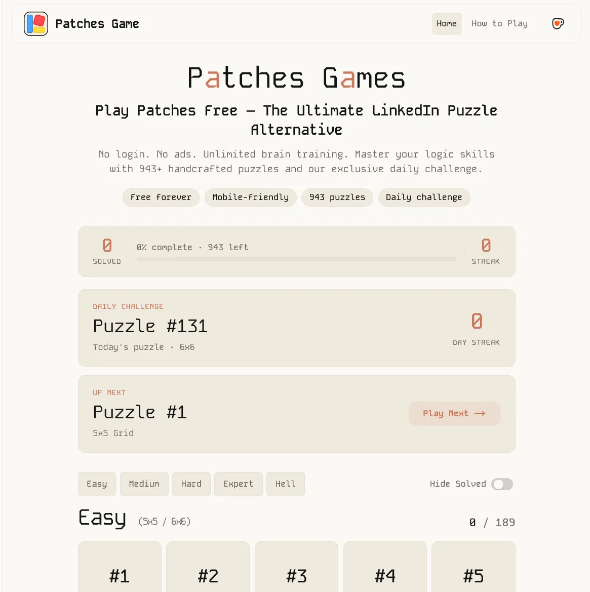 Patches Game Online homepage showing the daily challenge and puzzle list