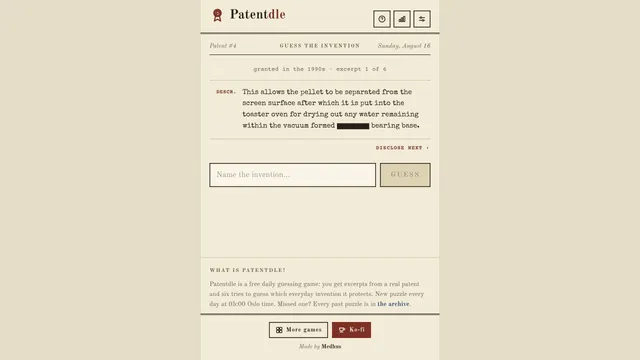 Patentdle daily puzzle showing a redacted patent excerpt and invention answer field
