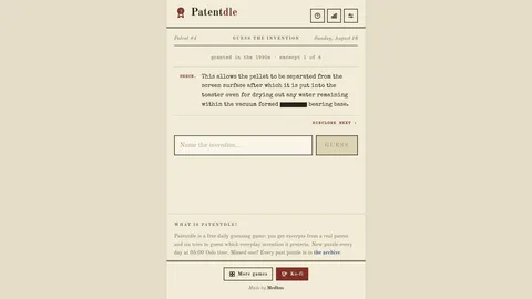 Patentdle daily puzzle showing a redacted patent excerpt and invention answer field