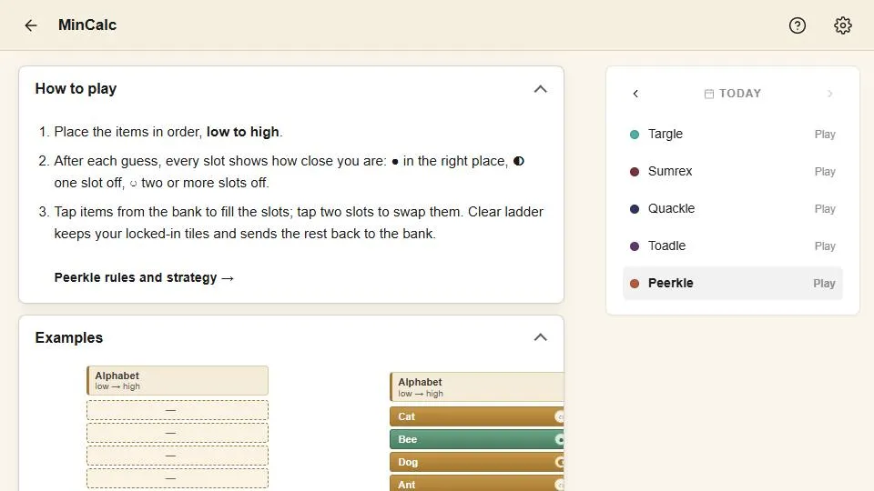 Peerkle official game page captured in a desktop browser