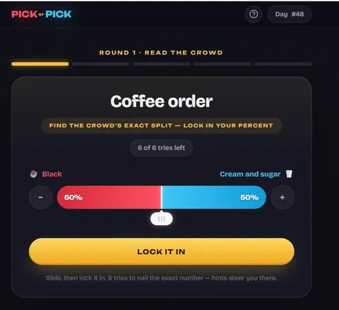PickorPick daily round asking players to estimate a coffee order split