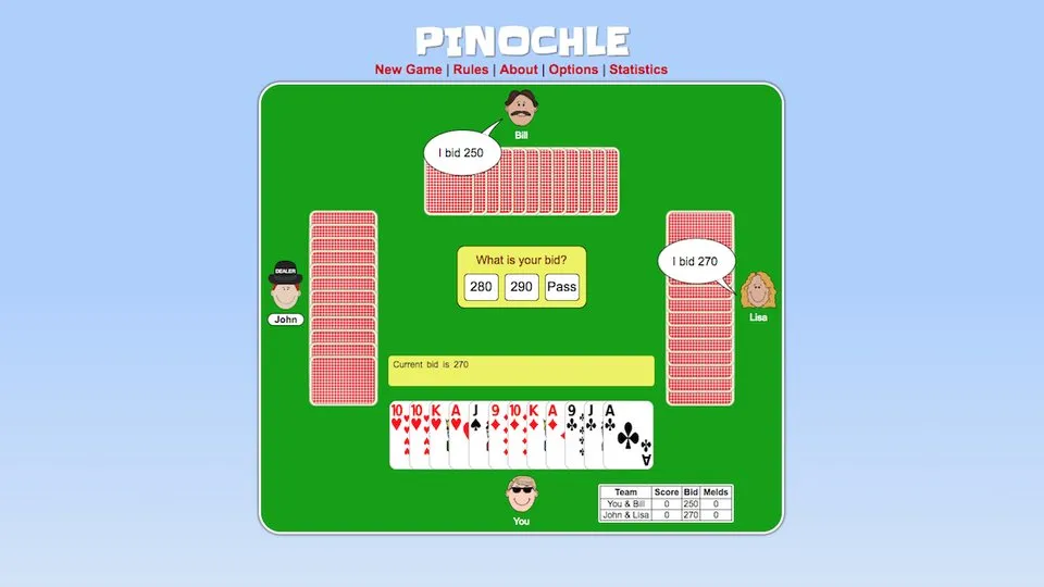Pinochle official game page captured in a desktop browser