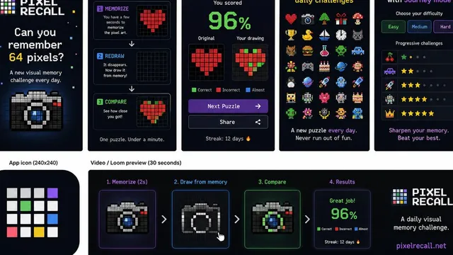 PixelRecall official game page captured in a desktop browser