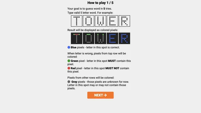 Pixletters tutorial explaining blue, green, red, and gray pixel feedback