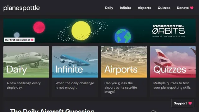 Planespottle official game page captured in a desktop browser