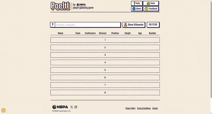 Poeltl NBA player guessing board showing team, position, height, age and number columns
