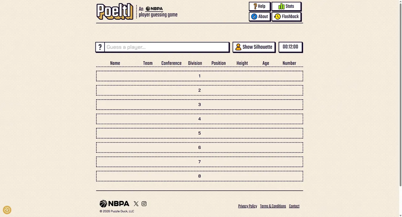 Poeltl NBA player guessing board showing team, position, height, age and number columns
