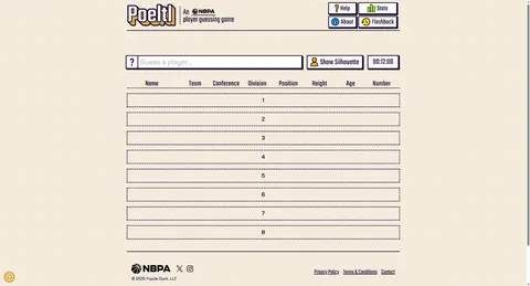 Poeltl NBA player guessing board showing team, position, height, age and number columns