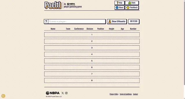 Poeltl NBA player guessing board showing team, position, height, age and number columns