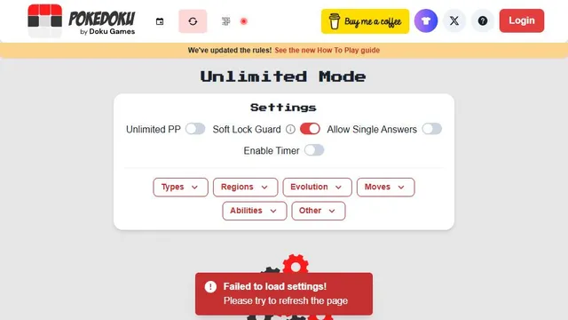 Pokedoku official game page captured in a desktop browser