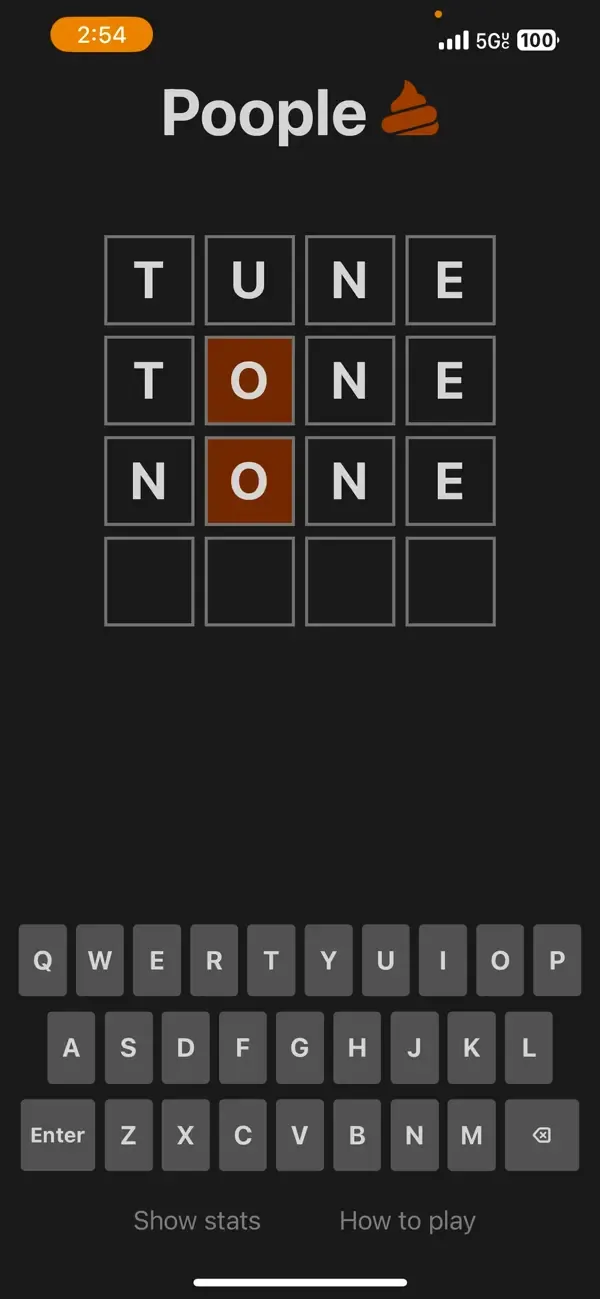 Poople game board showing a four-letter word ladder and on-screen keyboard