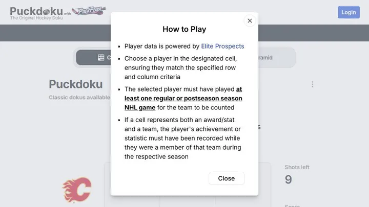 Puckdoku official game page captured in a desktop browser