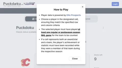 Puckdoku official game page captured in a desktop browser