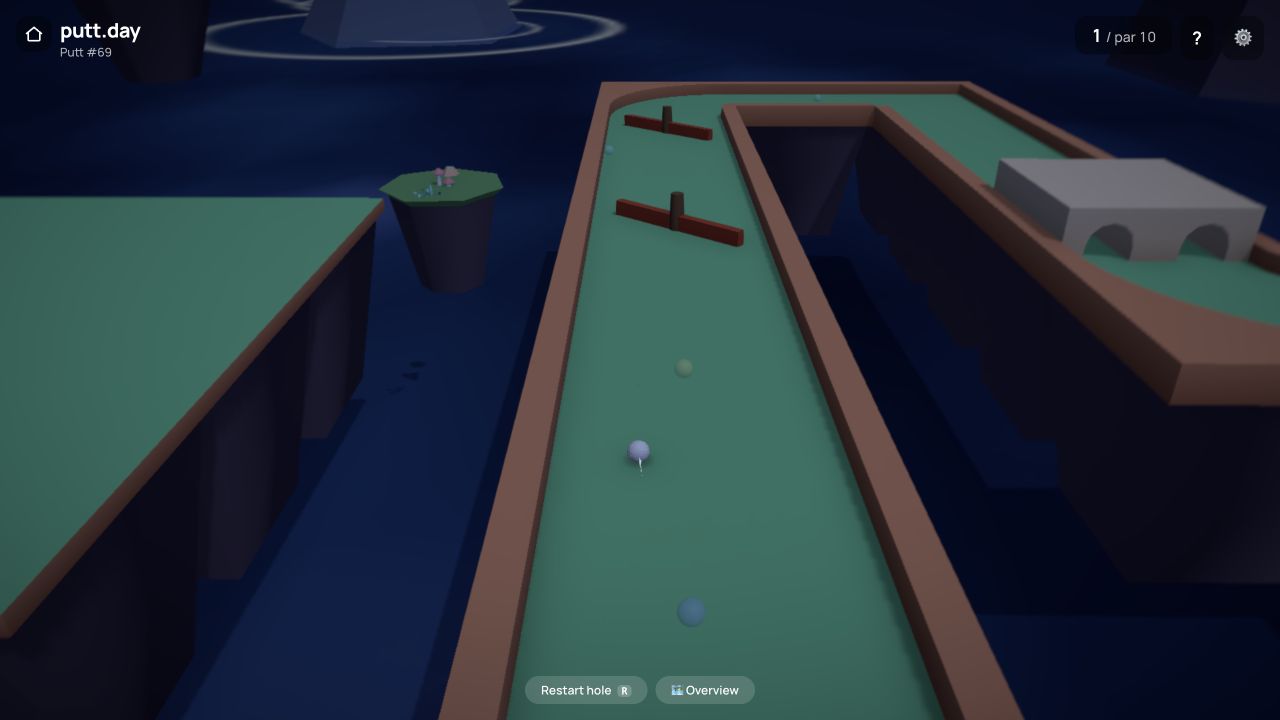 putt.day floating mini-golf course after the first shot with the stroke counter at one