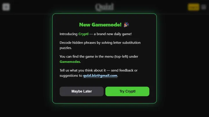 Quizl official game page captured in a desktop browser