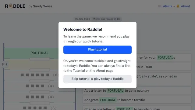 Raddle official game page captured in a desktop browser