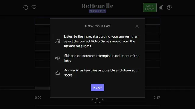 ReHeardle Video Games official game page captured in a desktop browser