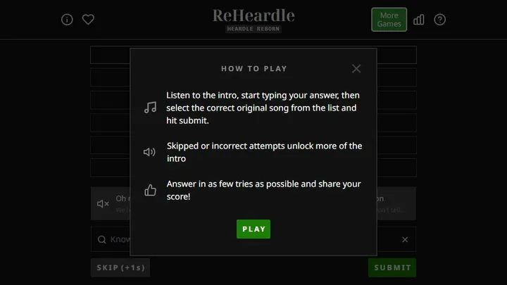 ReHeardle official game page captured in a desktop browser