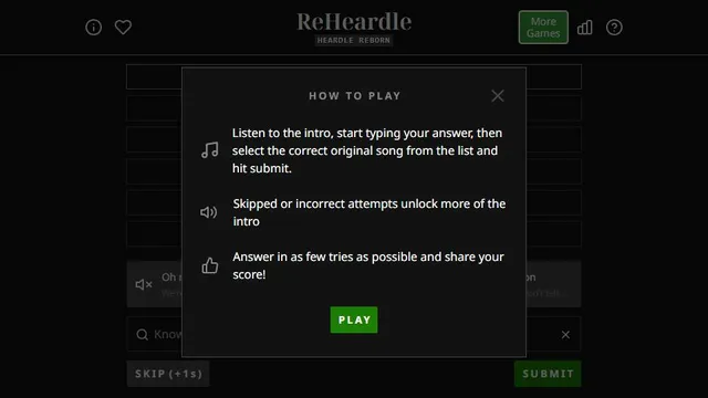 ReHeardle official game page captured in a desktop browser