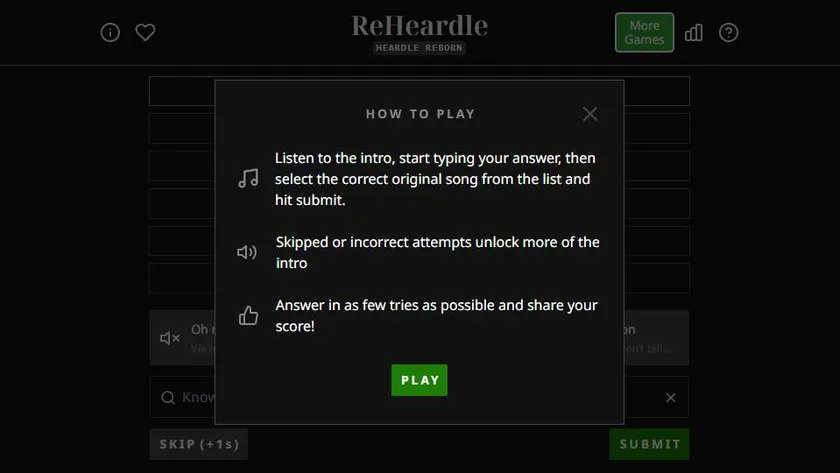 ReHeardle official game page captured in a desktop browser