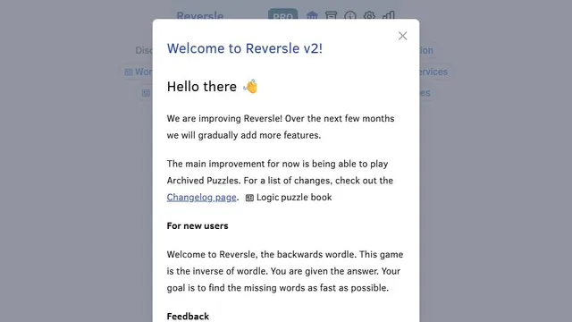 Reversle official game page captured in a desktop browser