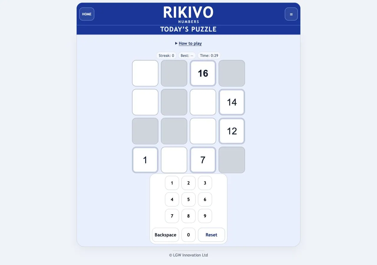 Rikivo Numbers daily four-by-four shaded grid with given numbers and digit pad