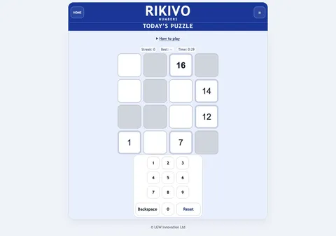 Rikivo Numbers daily four-by-four shaded grid with given numbers and digit pad
