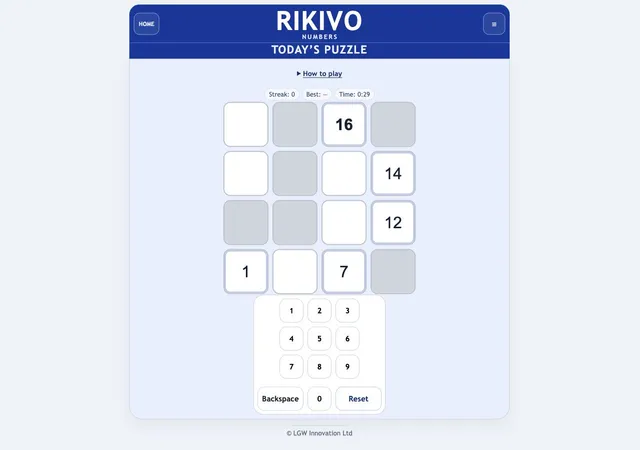 Rikivo Numbers daily four-by-four shaded grid with given numbers and digit pad