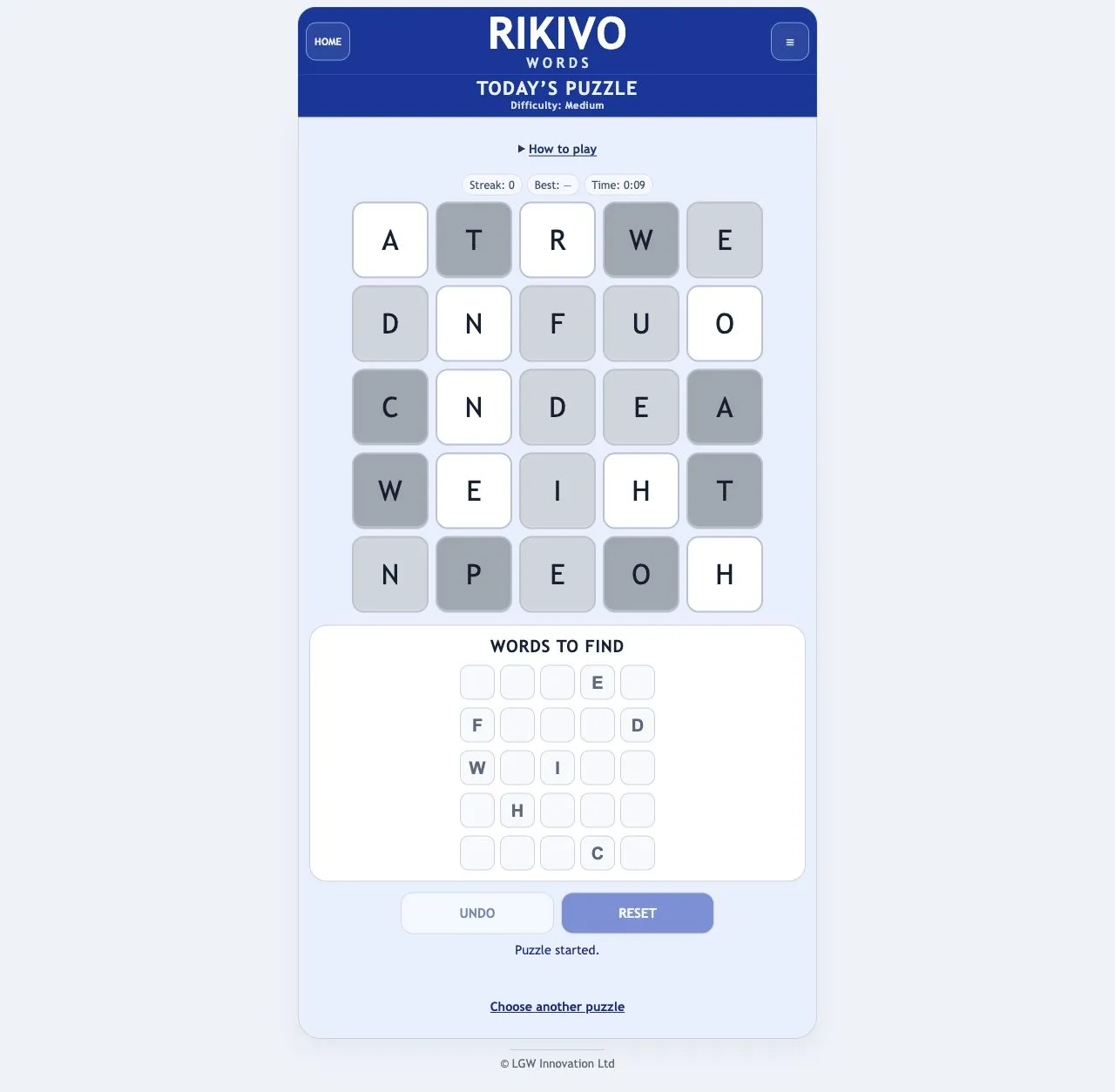 Rikivo Words daily shaded five-by-five letter board and five partially filled word clues