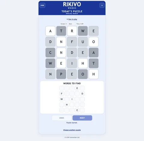 Rikivo Words daily shaded five-by-five letter board and five partially filled word clues