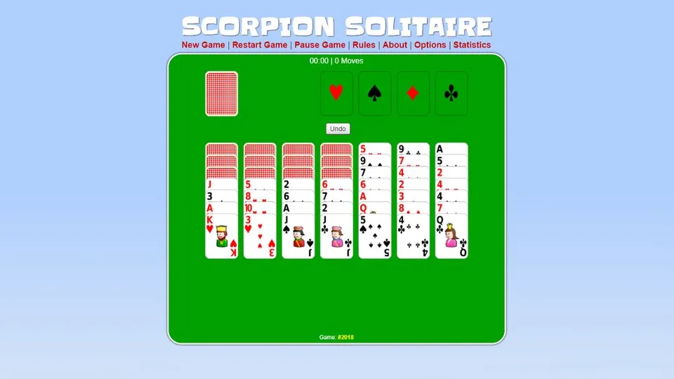 Scorpion Solitaire official game page captured in a desktop browser