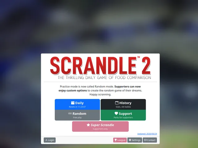 Scrandle 2 menu with Daily, History, Random, and Support modes