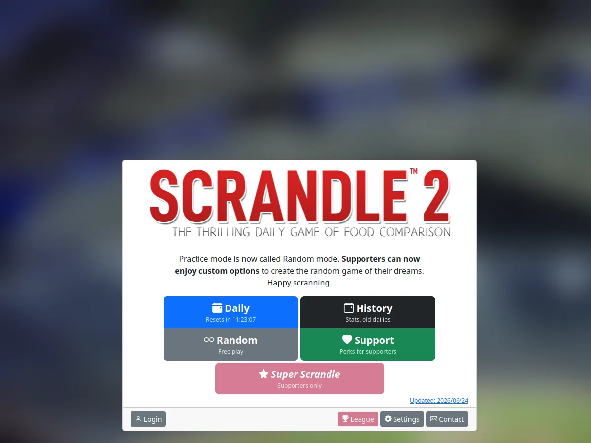 Scrandle 2 menu with Daily, History, Random, and Support modes