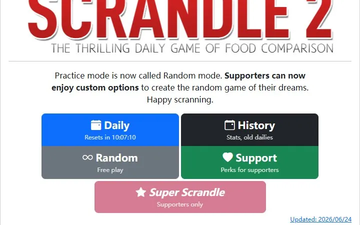 Scrandle 2 menu with Daily, History, Random, and Support modes