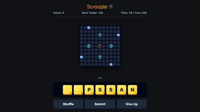 Scroople daily word board with letter tiles and changing bonus squares