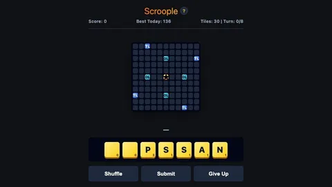 Scroople daily word board with letter tiles and changing bonus squares